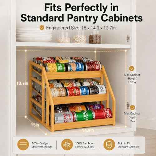 MinBoo 3-Tier Bamboo Can Organizer for Pantry - Holds 36 Cans (9/12/15) - Stackable Canned Food Dispenser with Adjustable Dividers - Gravity-Fed Rolling Storage Rack for Kitchen Cabinets