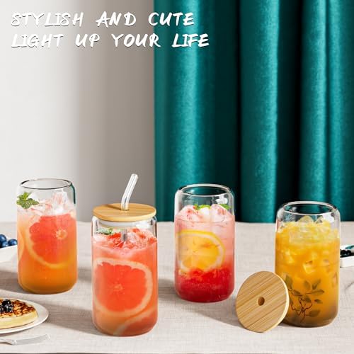 12Pcs Glass Cups with Bamboo Lids and Straws, 16oz Can Shaped Glass