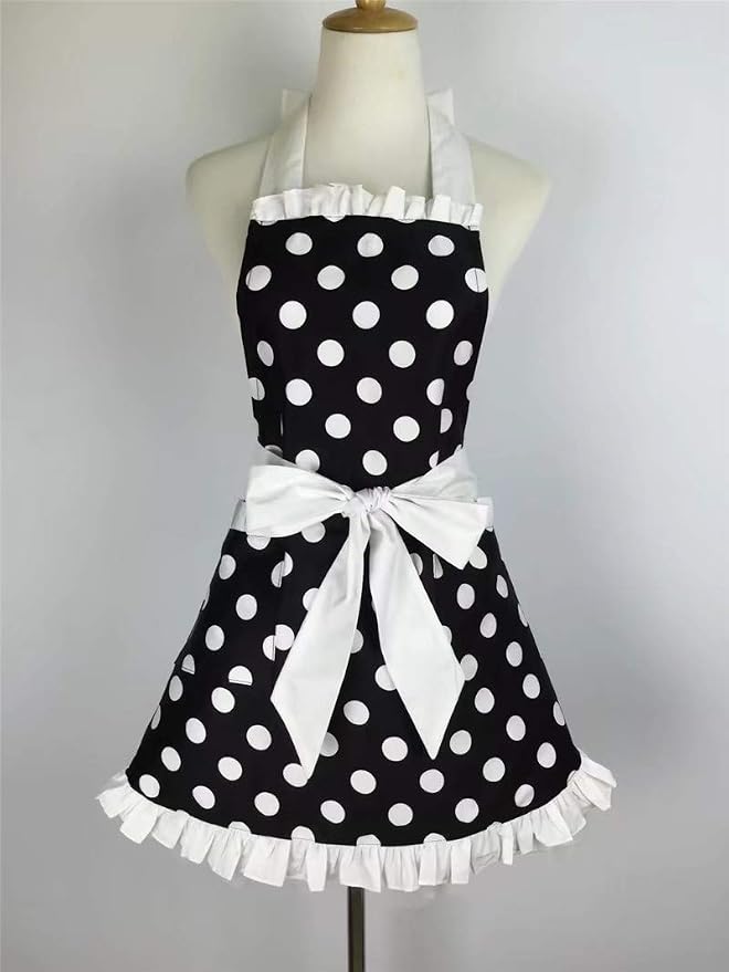 Hyzrz Cute Apron Retro Black Polka Dot Retro Ruffle Side Vintage Cooking Aprons - Image 2