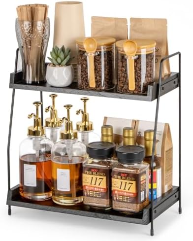 ANBOXIT 2-Tier Coffee Station Organizer, Wooden Kitchen Counter Shelf