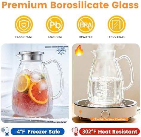 Glass Pitcher with Lid and Handle, 2.2L/74 oz Borosilicate Glass