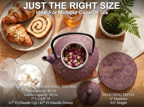 40 Oz Purple Maple Leaf Cast Iron Teapot, Enamel Interior, Infuser &