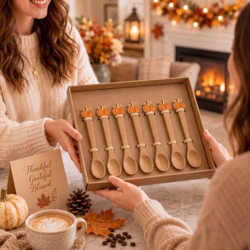 8 Pcs Fall Pumpkin Spoons 5'' Acacia Wood Spoon for Coffee Bar