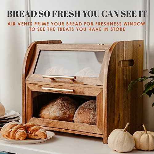 Arise Acacia Wooden Bread Box for Kitchen Countertop, Extra Large 2-Shelf