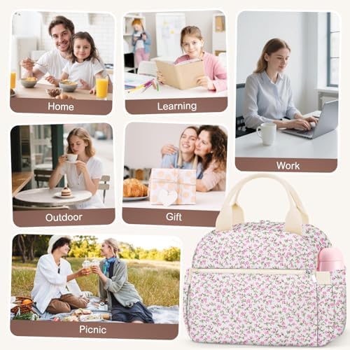 KUBYA Lunch Box for Women, Cute Flower Corduroy Insulated Lunch Bag