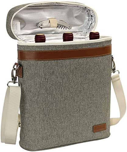 3 Bottle Insulated Wine Carrier Tote with Shoulder Strap & Corkscrew