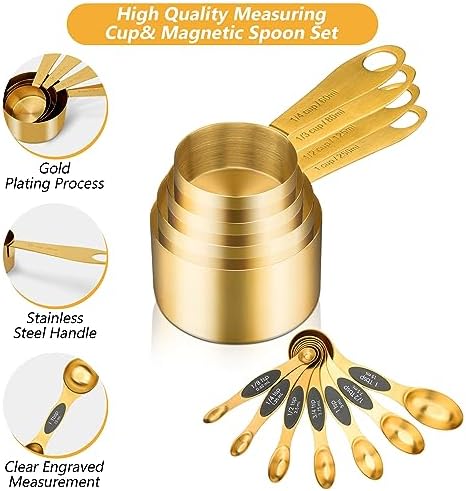 GuDoQi Gold Magnetic Measuring Spoons and Cups Set of 12, 8 Dual Sided