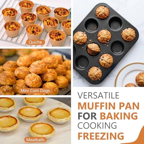 Domensi 4 Pcs Muffin Pan 12 Cup Carbon Steel Cupcake Baking Pan