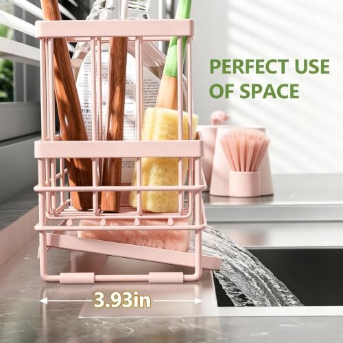 Cisily Pink Sink Caddy Sponge Holder for Kitchen with Brush Holder and