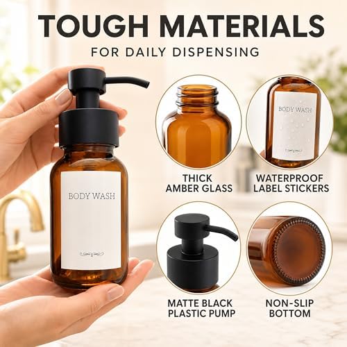 Amber Glass Foaming Soap Dispenser, 2 Pack, 8.5 Oz, Refillable