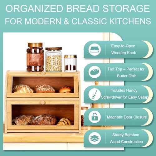 Bread Box for Kitchen Countertop, Large Double Layer Bamboo Bread Storage Box with Clear Door, Includes 20 Bread Bags & Labels, Farmhouse Kitchen Storage Organizer (Natural Bamboo)