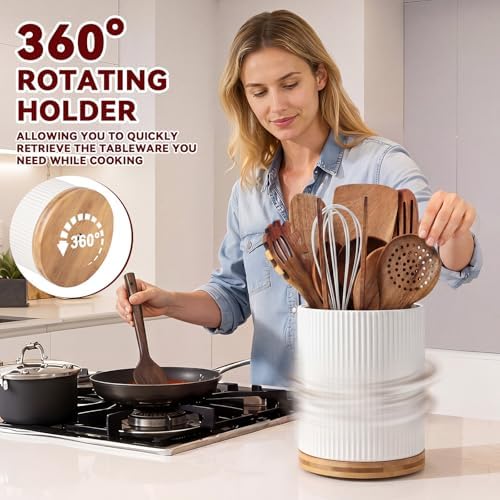 SiliFine 11 Pcs Wood Kitchen Utensils Set, 360° Rotating Holder, White