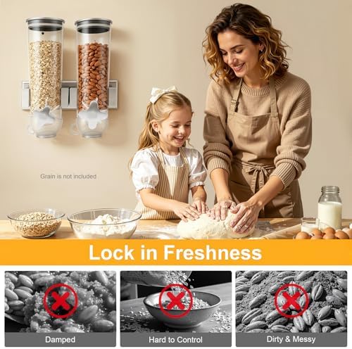 2 Pack Cereal Dispensers, 3L Wall Mounted Cereal Containers Storage, Easy To Use Dry Food Dispenser, Large Capacity Candy Dispenser for Oatmeal Coffee Bean Nuts