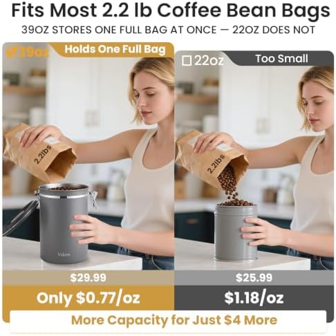 Veken Coffee Canister,39OZ, 2.2lbs,Large Airtight Stainless Steel