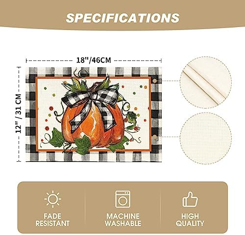 Artoid Mode Pumpkin Buffalo Plaid Fall Placemats Set of 4-12 x 18 Inch