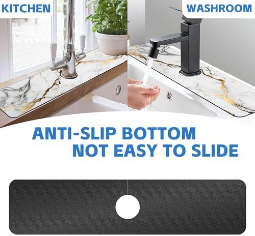 Faucet Mat for Kitchen Sink White Gold Marble Texture Sink Splash