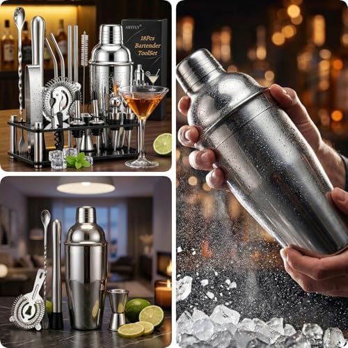 Cocktail Shaker Set, 18-Piece Bartender Kit with Stand, Bar Tool Set