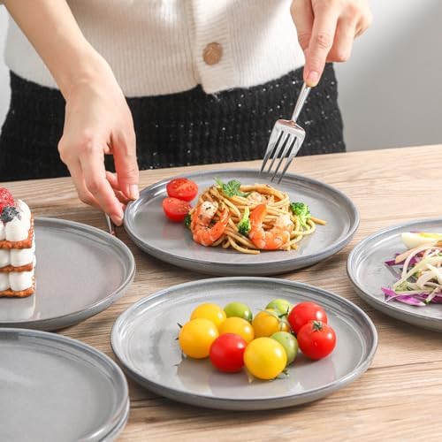8 Inch Ceramic Dinner Plates Set of 4, Dark Gray, High Edges