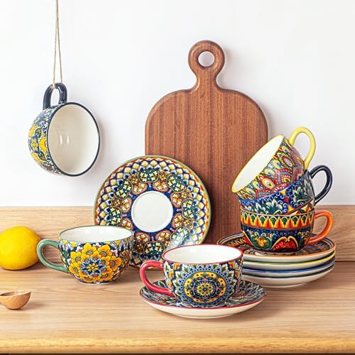 Henten Home 8.5 oz Ceramic Cappuccino Cups, Latte Cup with Saucers Set