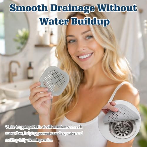 4-Pack Grey Silicone Shower Drain Hair Catchers, Square Drain Covers