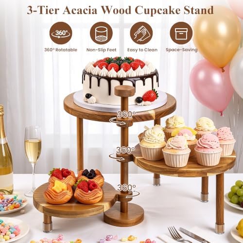 LOVYANXUE Acacia Wooden Cupcake Stand, 3 Tier Round Cake Stand 360°
