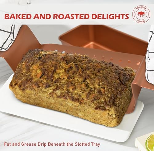 PERLLI Meat Loaf Pan with Drip Tray – 2 Pc. 9.8 x 5.7 In. Copper