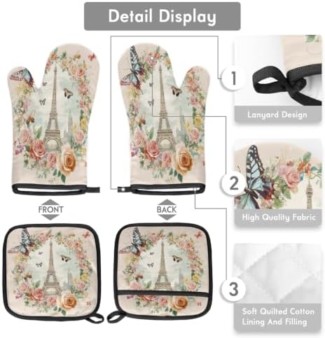 Paris Eiffel Towel Butterfly Rose Oven Mitts and Pot Holders BBQ