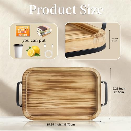 15 Inch Wood Serving Tray with Metal Handles, Sturdy Ottoman Tray