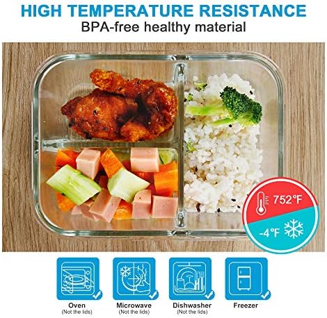 DAS TRUST 3 Pack Bento Box Glass Meal Prep Container 3 Compartment
