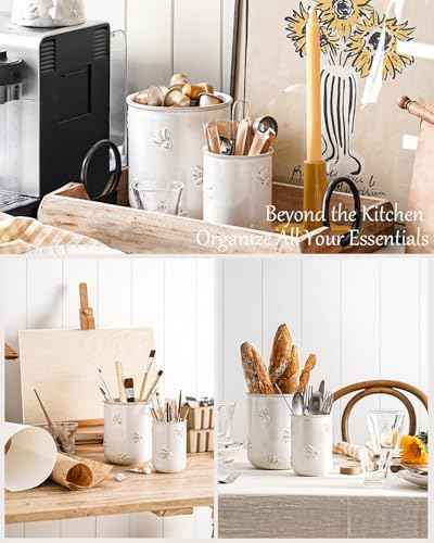 LE TAUCI Kitchen Utensil Holder Set of 2 - 6.9"+5.3" Large Ceramic Cooking Utensil Crock & Organizer for Spatula, Spoon, Whisk - Farmhouse Countertop Storage, Arctic White, Embossed, Bee