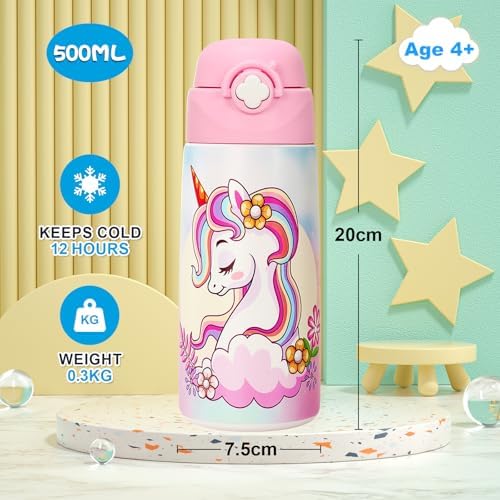Girls Insulated Water Bottle with Covered Pop-Up Straw,16 oz Kids Cups