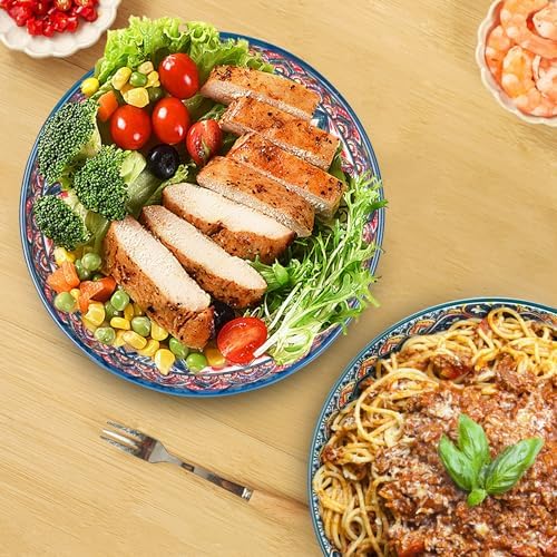 75 Oz Serving Bowls,Bohemian Style Large Porcelain Dishes for Entertaining Parties,Big Bowls for Eating Soup, Salad, Pasta, Fruit, Chips, 10.3 Inch Diameter (blue)