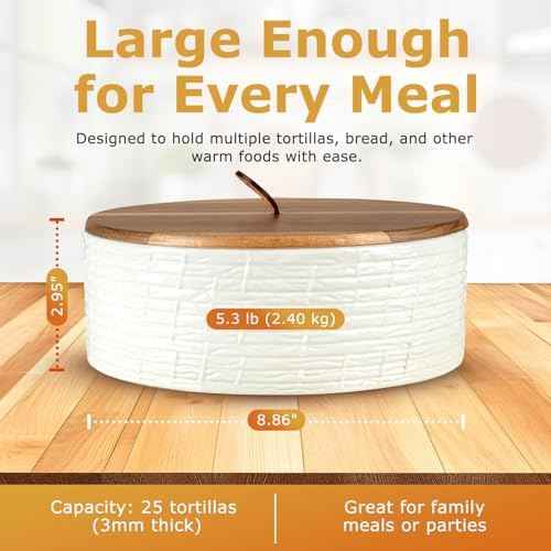 JUMBO Ceramic Tortilla Warmer with Acacia Wood Lid - 8.8" Extra Large
