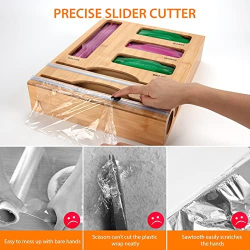 Storage Bag Organizer with Foil and Plastic Wrap Organizer , Aluminum Foil Dispenser with Cutter, Bamboo 6 in 1 Baggie Organizer Suitable for Gallon, Quart, Sandwich, Snack