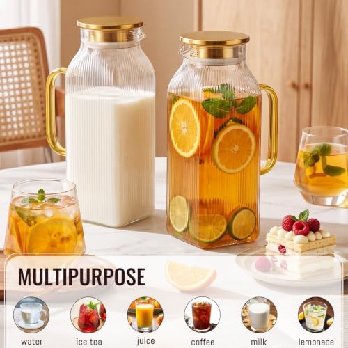 2 Pack 2.2 Liter/75 oz Square Classic Stripes Glass Pitcher with Lid