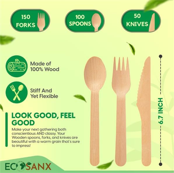 ECOSANX® 300 PCs Disposable Wooden Cutlery set 6.5" Splinter Free Compostable - Image 2