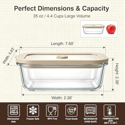 35 oz Glass Food Storage Containers with Glass Lids, 5 Pack