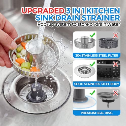 ZAA 3-in-1 Kitchen Sink Drain Strainer, 304 Stainless Steel