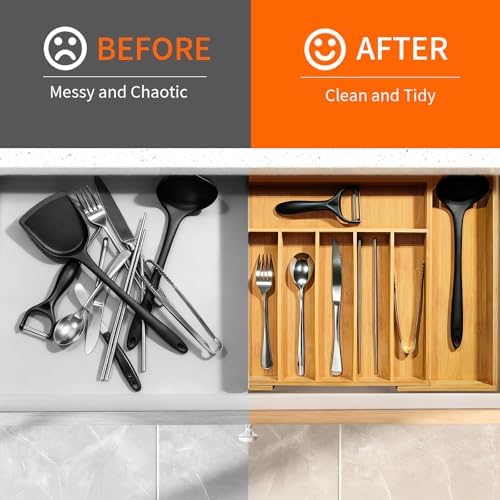 Bamboo Kitchen Drawer Organizer, Expandable Cutlery Tray, Adjustable