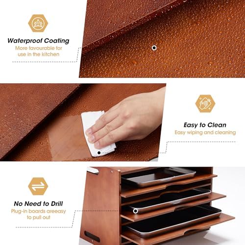 8-Tier Baking Sheet Organizer for Cabinet, 17 x 12 x 14 in Wooden Tray Divider Rack, Bamboo Cutting Board, Pan, Tray and Cookie Sheet Organizer for Kitchen Storage