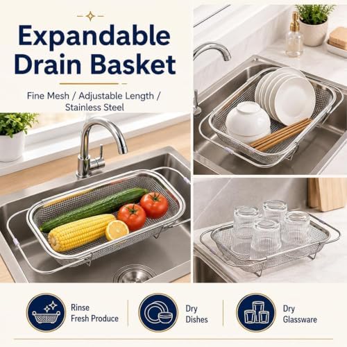 Stainless Steel Telescopic Drainer Basket, Expandable Sink Colander,S