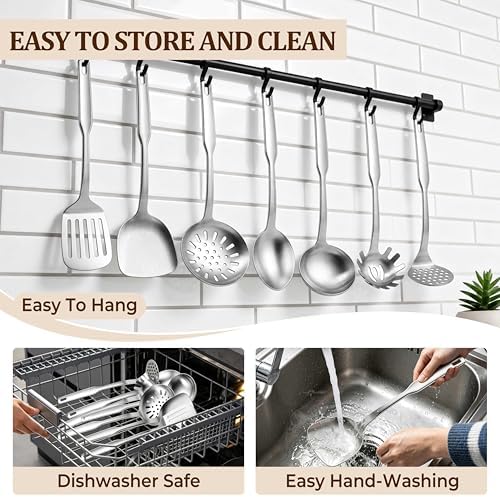 TeamFar Stainless Steel Cooking Utensils Set, 7 Pcs Metal Kitchen