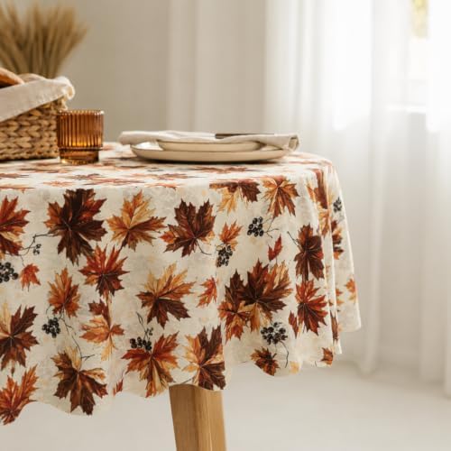 Fall Round Tablecloth 60 Inch Maple Leaves Waterproof Heat Resistant