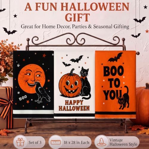 Tudomro 3 Pack Vintage Halloween Kitchen Towels, 18x28inch, Cotton