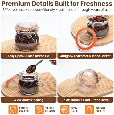 Small Glass Jars with Airtight Lids 17 oz, 6 Pack Mason Jars