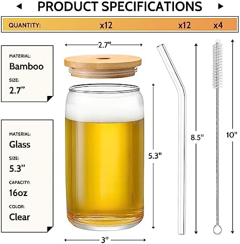 [12pcs Set] Glass Cups with Bamboo Lids and Glass Straw - Beer Shaped
