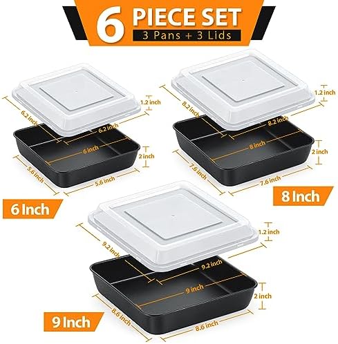 E-far 6/8/9-Inch Square Cake Pan with lid Set, Non-stick Square Baking
