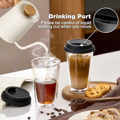Qipecedm® 2 Packs Double Walled Glass Coffee Mugs with Silicone Lids