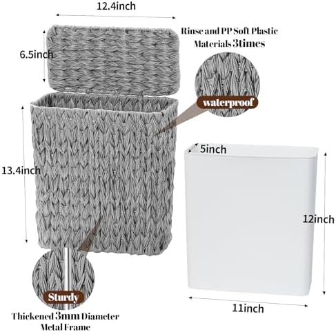 Coeusy Small Wicker Bathroom Trash Can with Lid, Grey