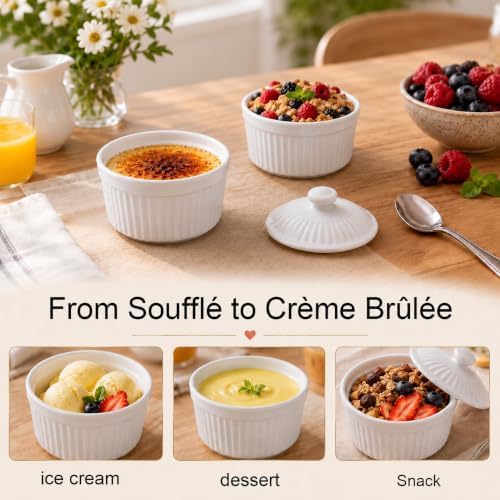 Small Ramekins with Lids, 5.5 Oz Full Capacity Ceramic Souffle Bowls